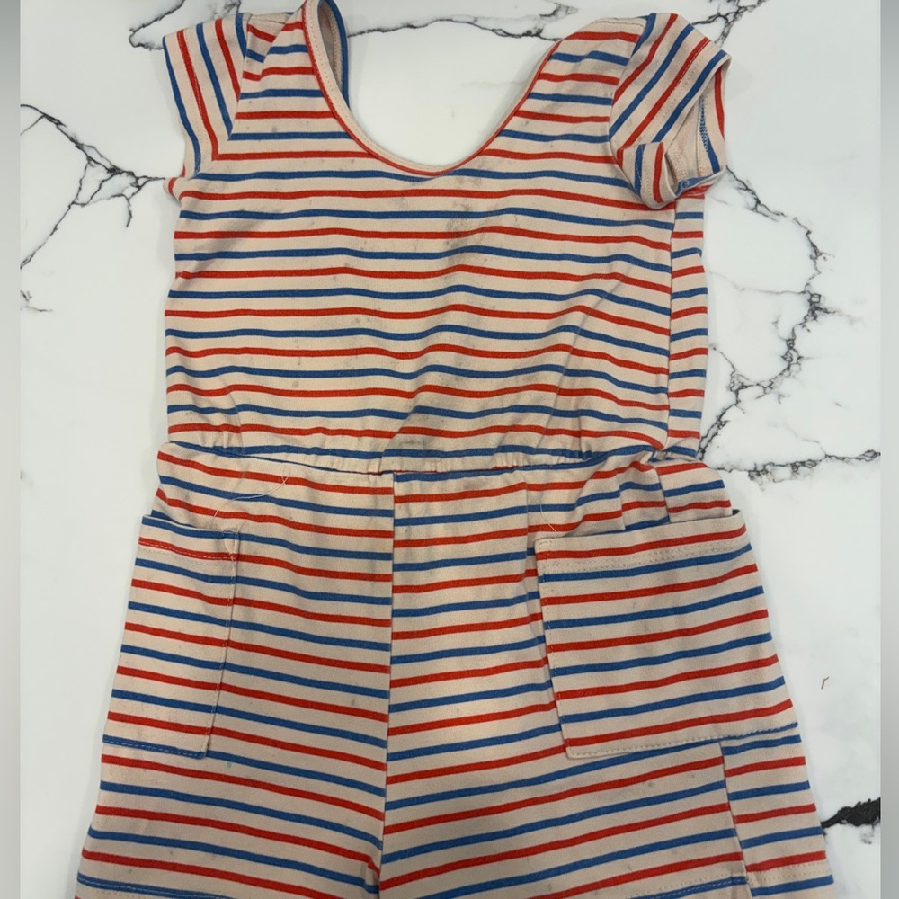 Alice and Ames Striped Short Sleeve Jumpsuit Romper - Cream, Red & Blue